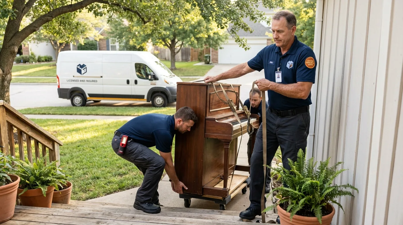 Licensed piano movers securing grand piano in Walhalla, SC