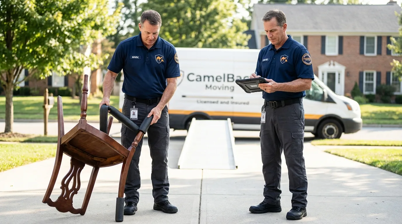 Movers inspecting furniture for damage prevention before loading in Walhalla, SC