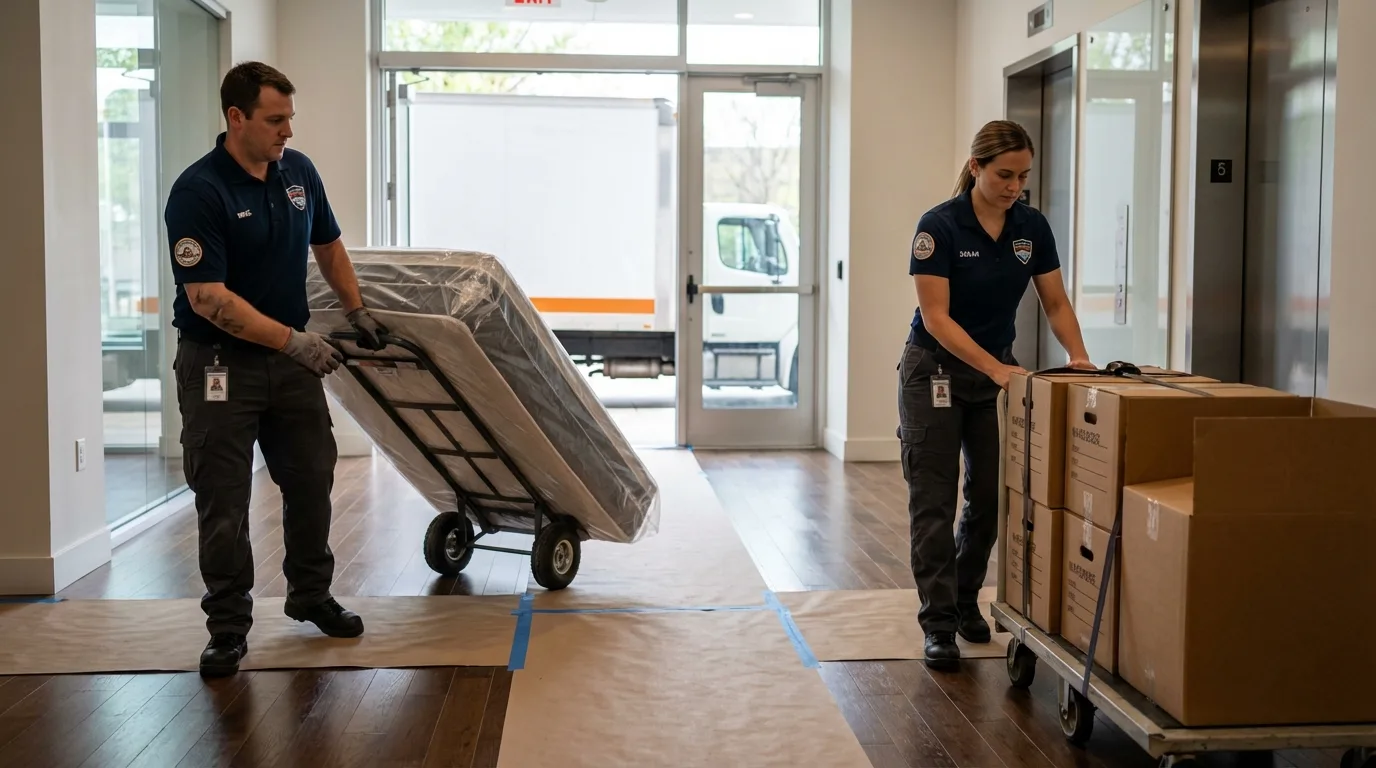 Professional apartment movers loading elevator in Walhalla, SC